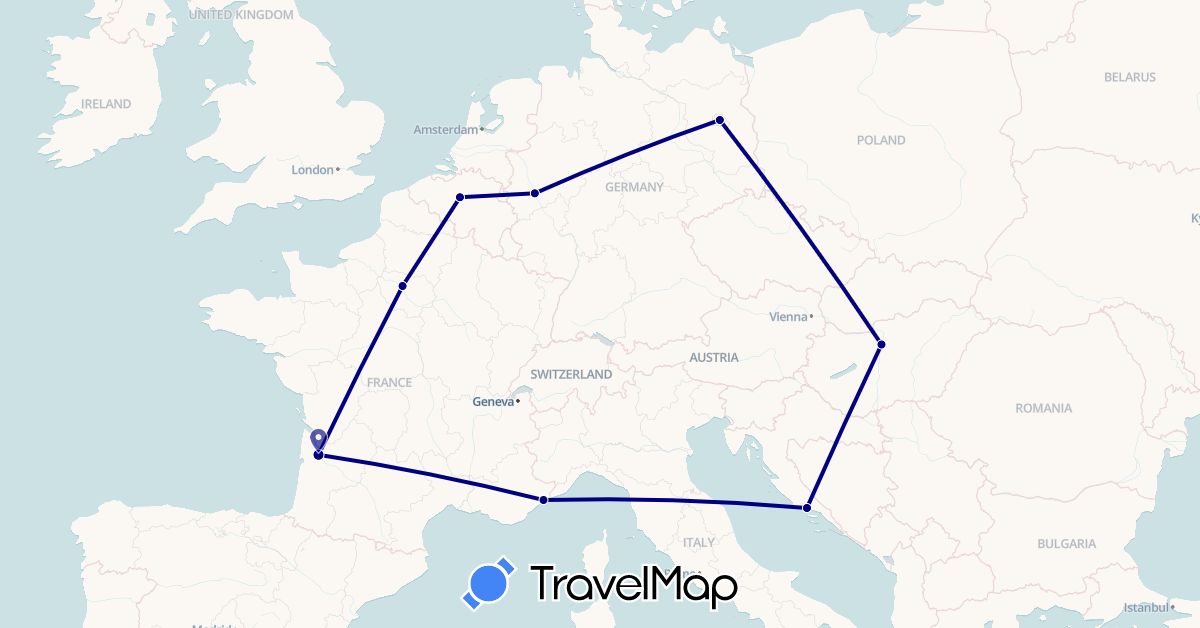 TravelMap itinerary: driving in Belgium, Germany, France, Croatia, Hungary (Europe)